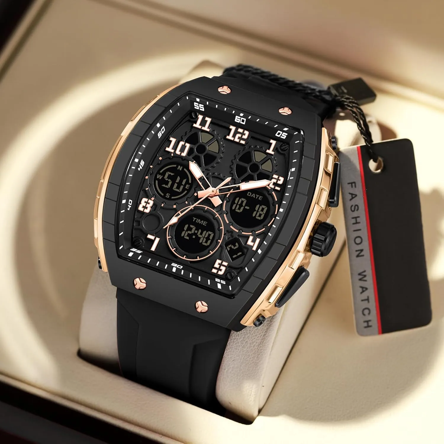 findtime Watches for Men Unique Rectangle Relojes para Hombres White Wristwatch with Digital Analog Dual Time Display Countdown Stopwatch Punk Cool Design 5ATM Waterproof