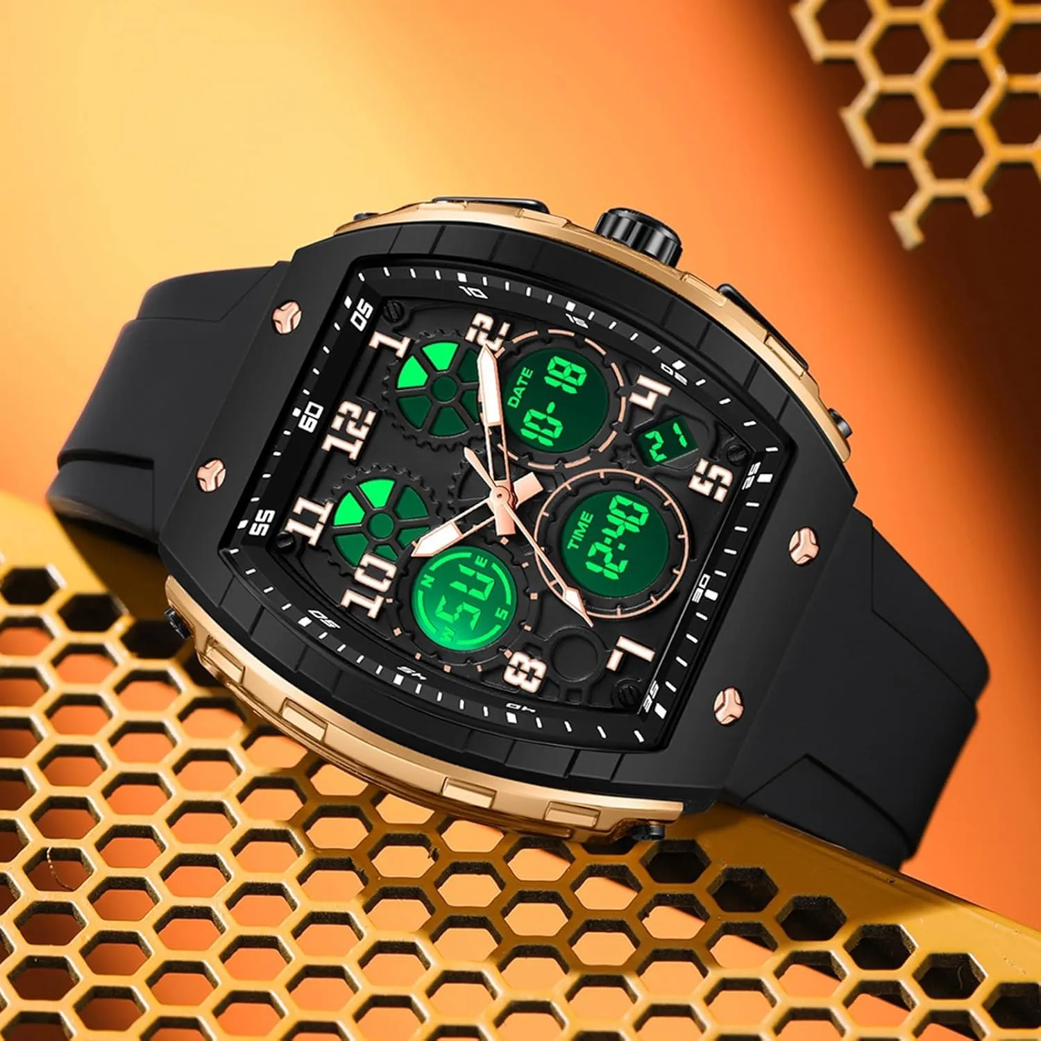 findtime Watches for Men Unique Rectangle Relojes para Hombres White Wristwatch with Digital Analog Dual Time Display Countdown Stopwatch Punk Cool Design 5ATM Waterproof