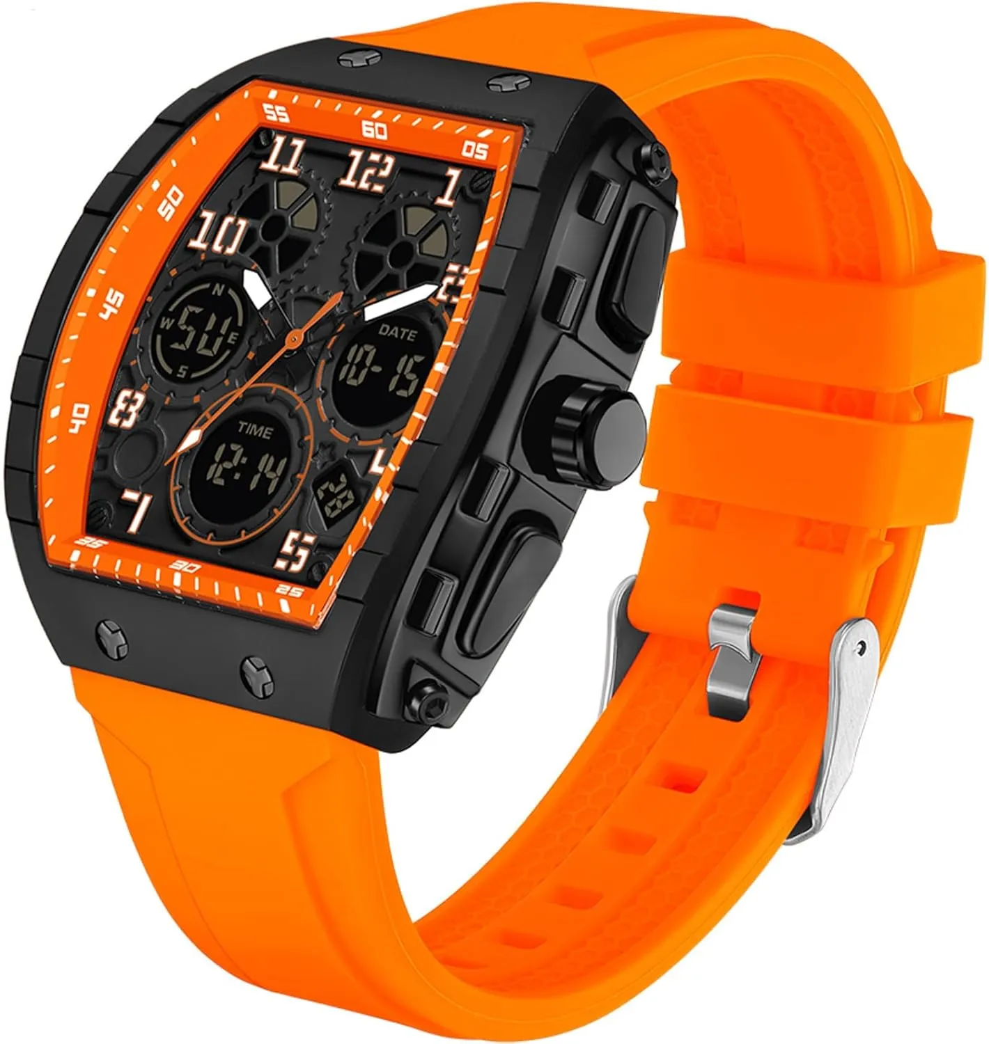 findtime Watches for Men Unique Rectangle Relojes para Hombres White Wristwatch with Digital Analog Dual Time Display Countdown Stopwatch Punk Cool Design 5ATM Waterproof