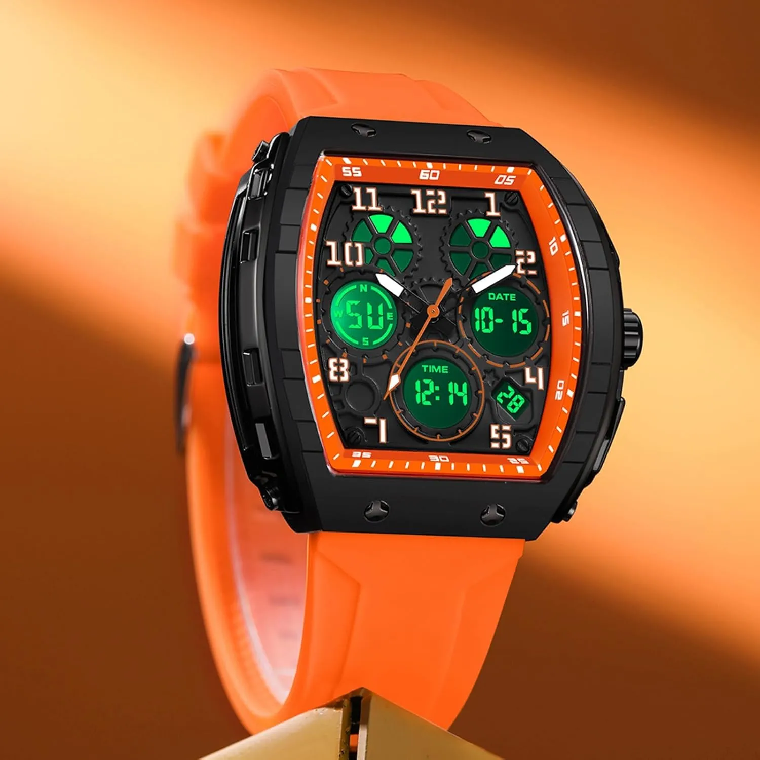 findtime Watches for Men Unique Rectangle Relojes para Hombres White Wristwatch with Digital Analog Dual Time Display Countdown Stopwatch Punk Cool Design 5ATM Waterproof
