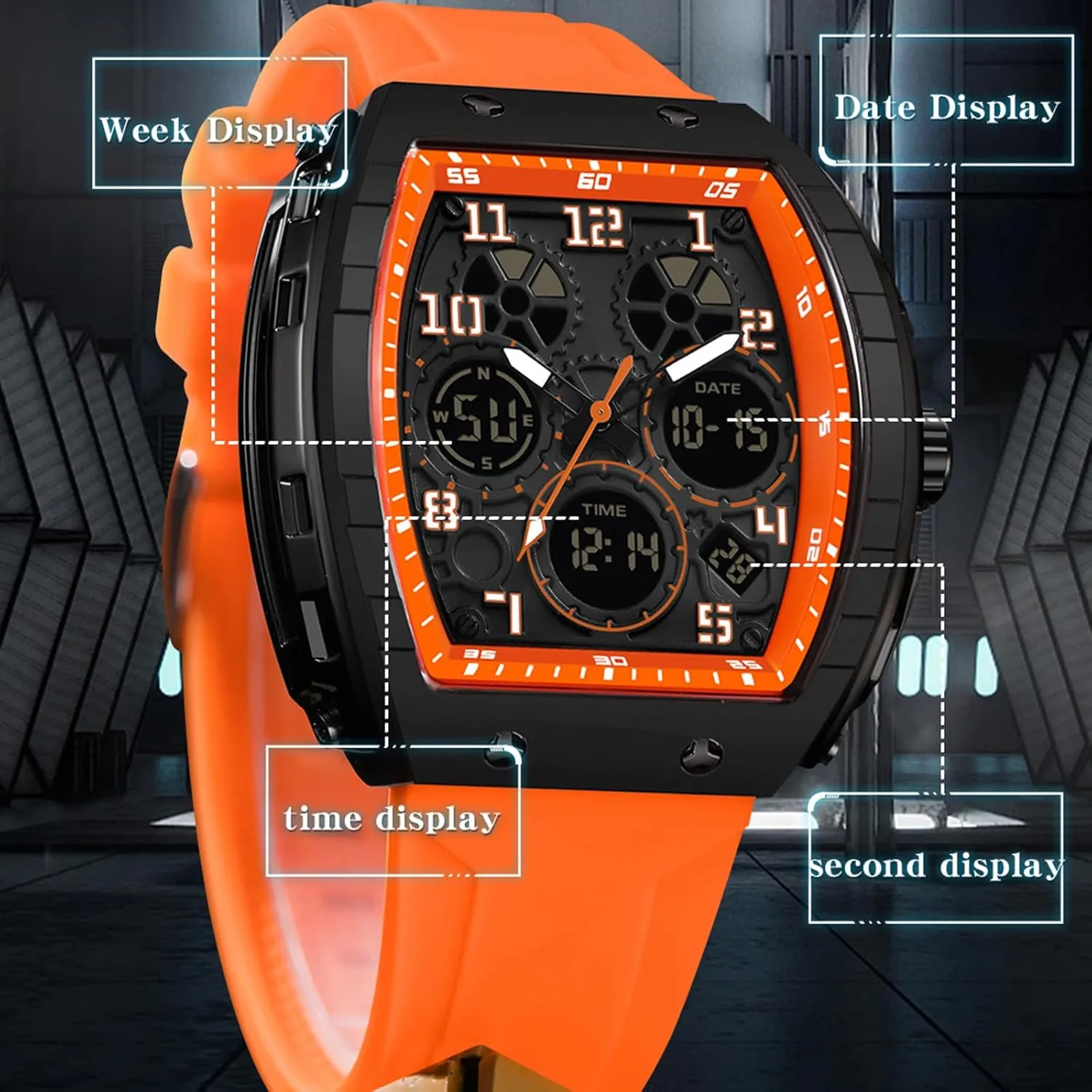 findtime Watches for Men Unique Rectangle Relojes para Hombres White Wristwatch with Digital Analog Dual Time Display Countdown Stopwatch Punk Cool Design 5ATM Waterproof