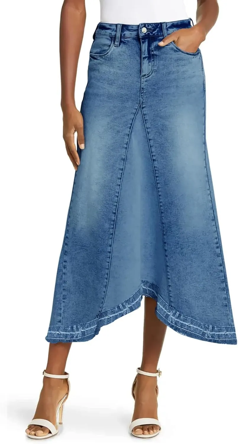 Fisoew Womens Denim Maxi Skirt Casual High Waist A-Line Frayed Irregular Hem Long Jean Skirt