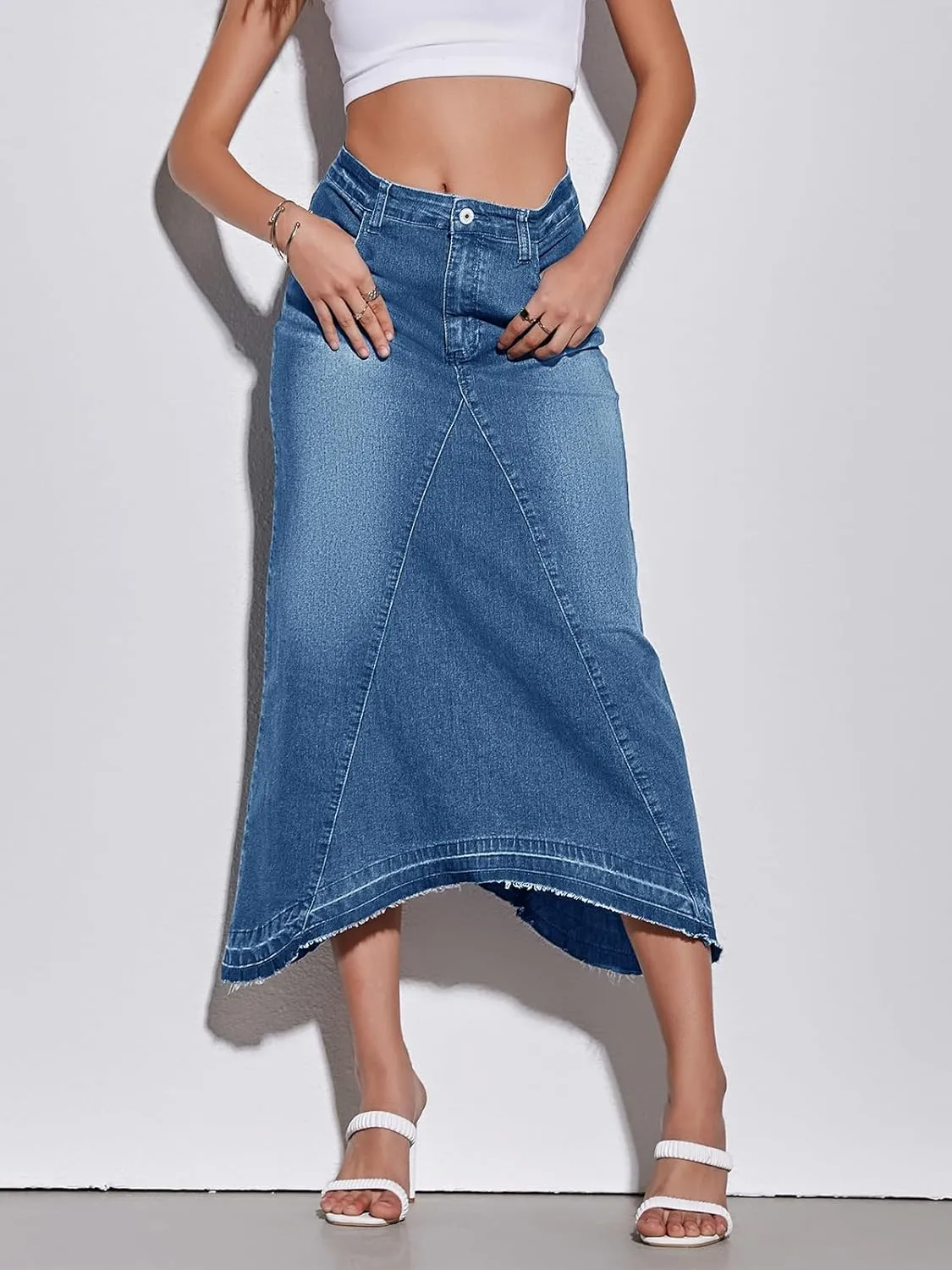 Fisoew Womens Denim Maxi Skirt Casual High Waist A-Line Frayed Irregular Hem Long Jean Skirt