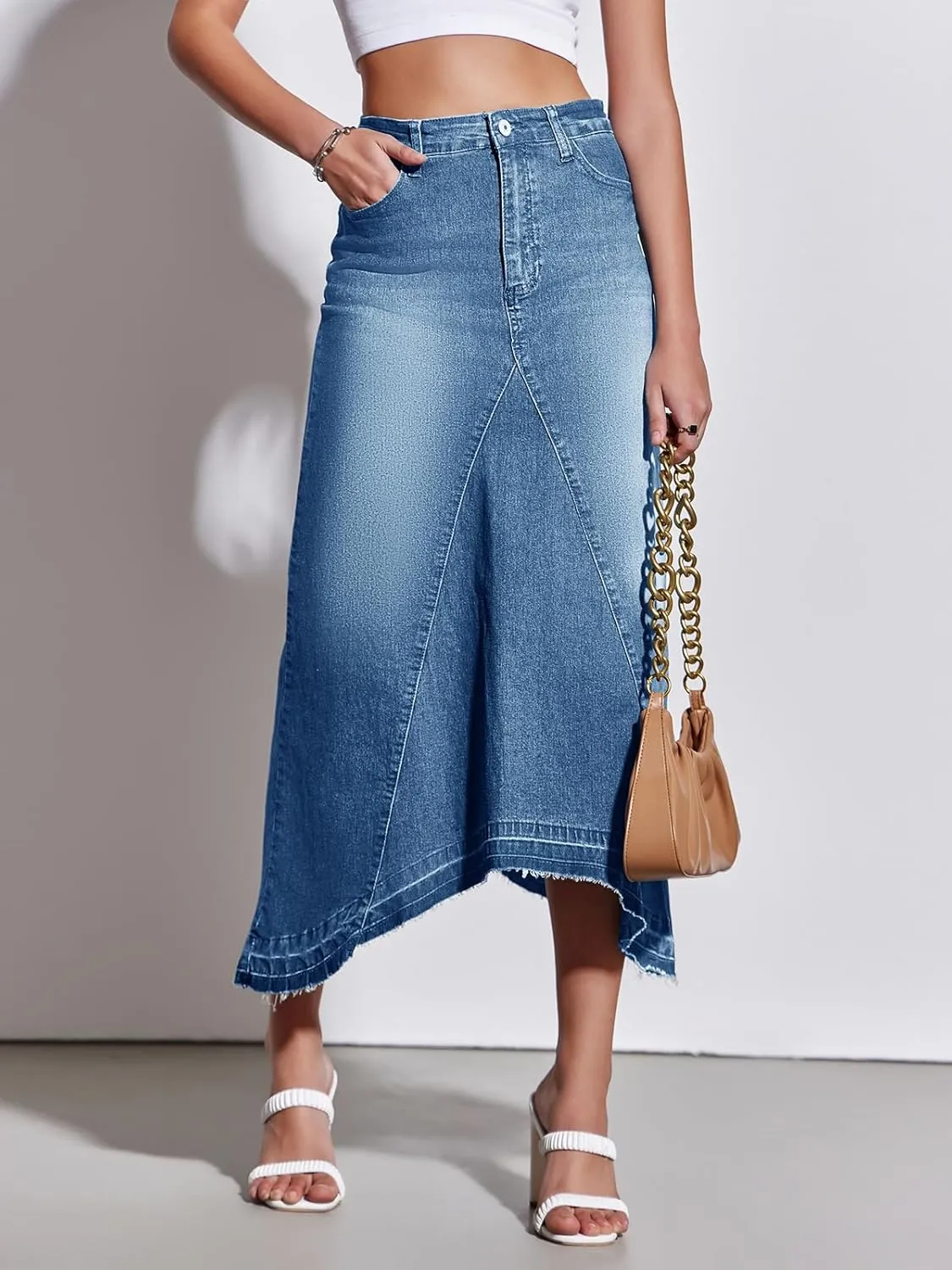 Fisoew Womens Denim Maxi Skirt Casual High Waist A-Line Frayed Irregular Hem Long Jean Skirt