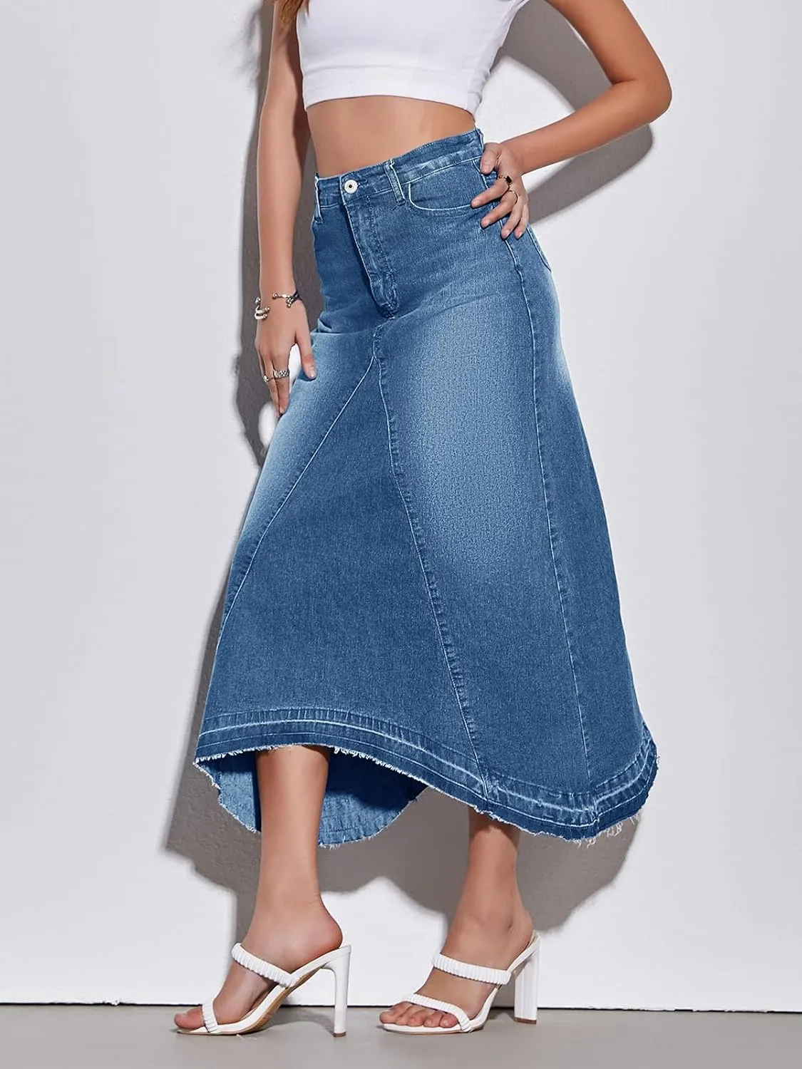 Fisoew Womens Denim Maxi Skirt Casual High Waist A-Line Frayed Irregular Hem Long Jean Skirt