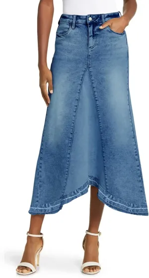 Fisoew Womens Denim Maxi Skirt Casual High Waist A-Line Frayed Irregular Hem Long Jean Skirt