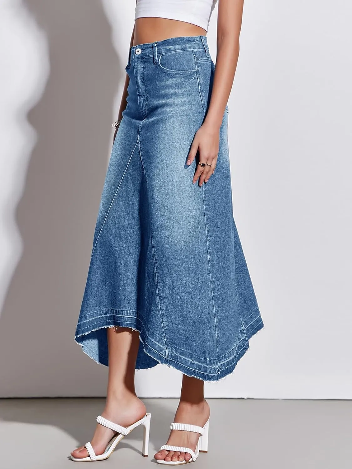 Fisoew Womens Denim Maxi Skirt Casual High Waist A-Line Frayed Irregular Hem Long Jean Skirt