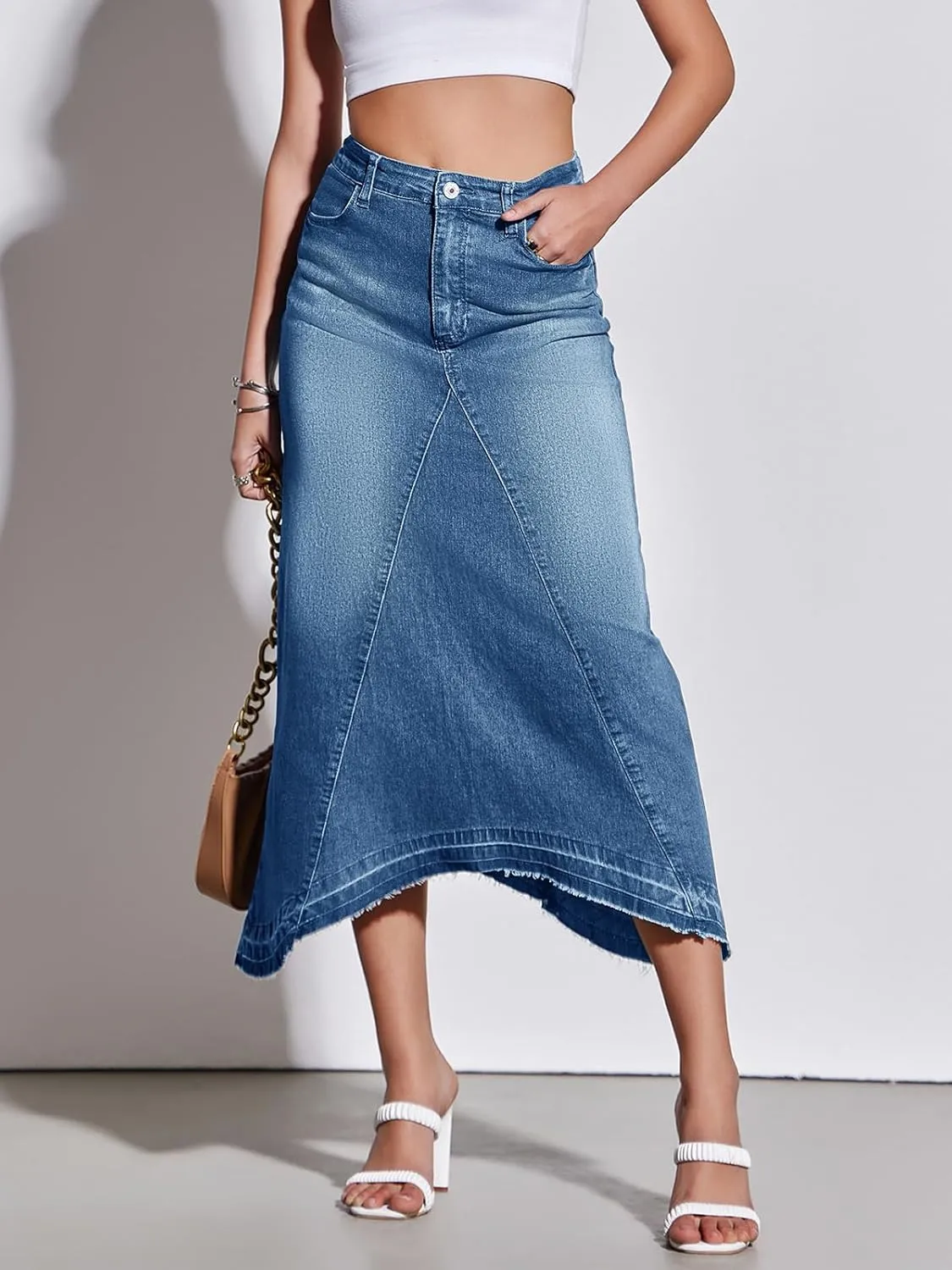 Fisoew Womens Denim Maxi Skirt Casual High Waist A-Line Frayed Irregular Hem Long Jean Skirt