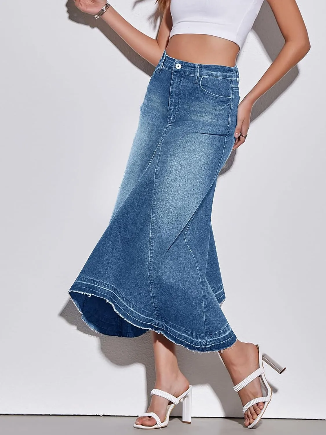 Fisoew Womens Denim Maxi Skirt Casual High Waist A-Line Frayed Irregular Hem Long Jean Skirt