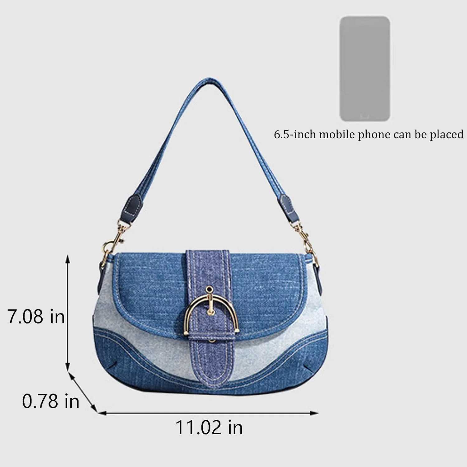 Flap Denim Handbag for Women Removable Shoulder Strap Canvas Hobo Shoulder Bag Blue Underarm Purse