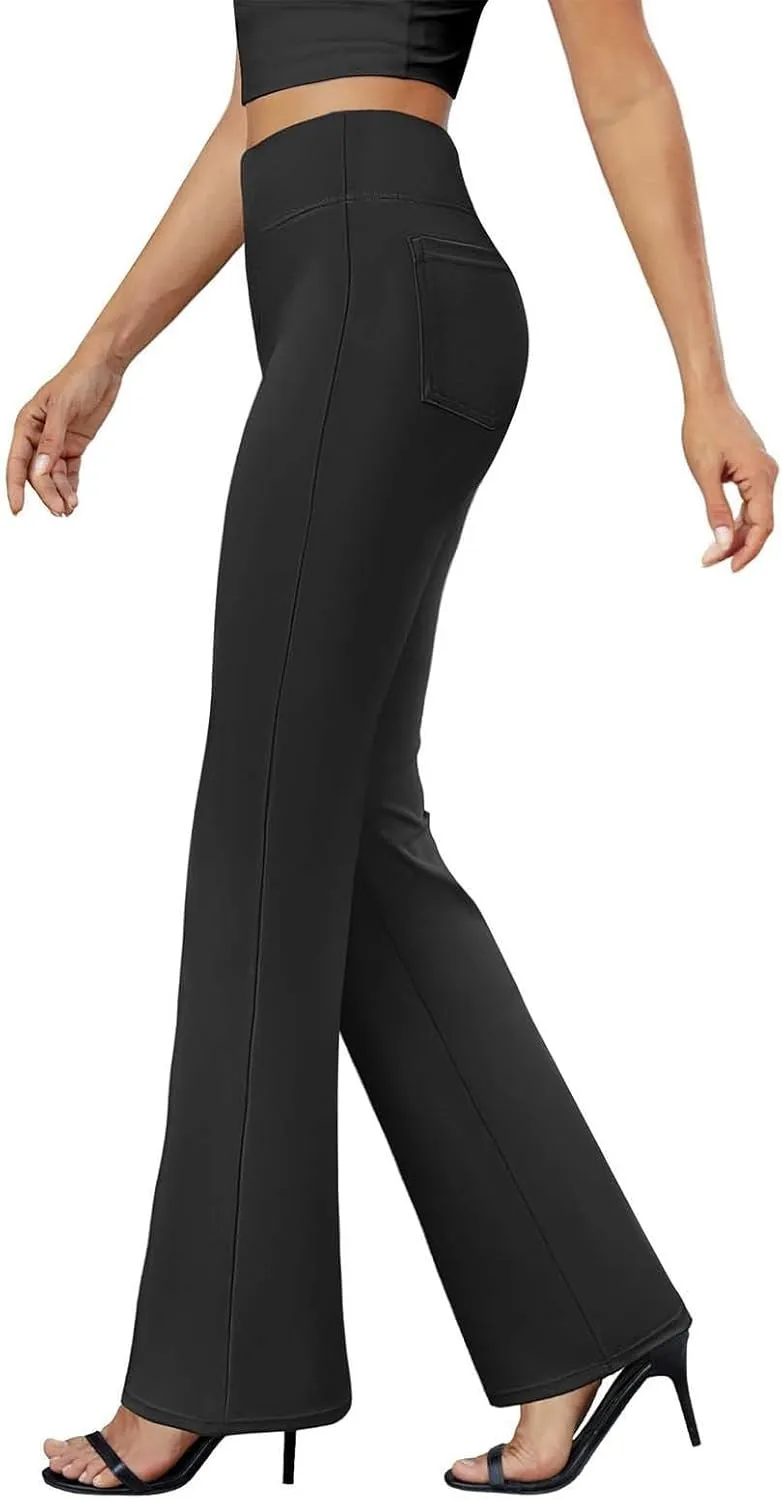 Flared Leggings, Yoga Summer Tummy Control Work Pants High Waisted Stretch Pants Elastic Waist Trousers