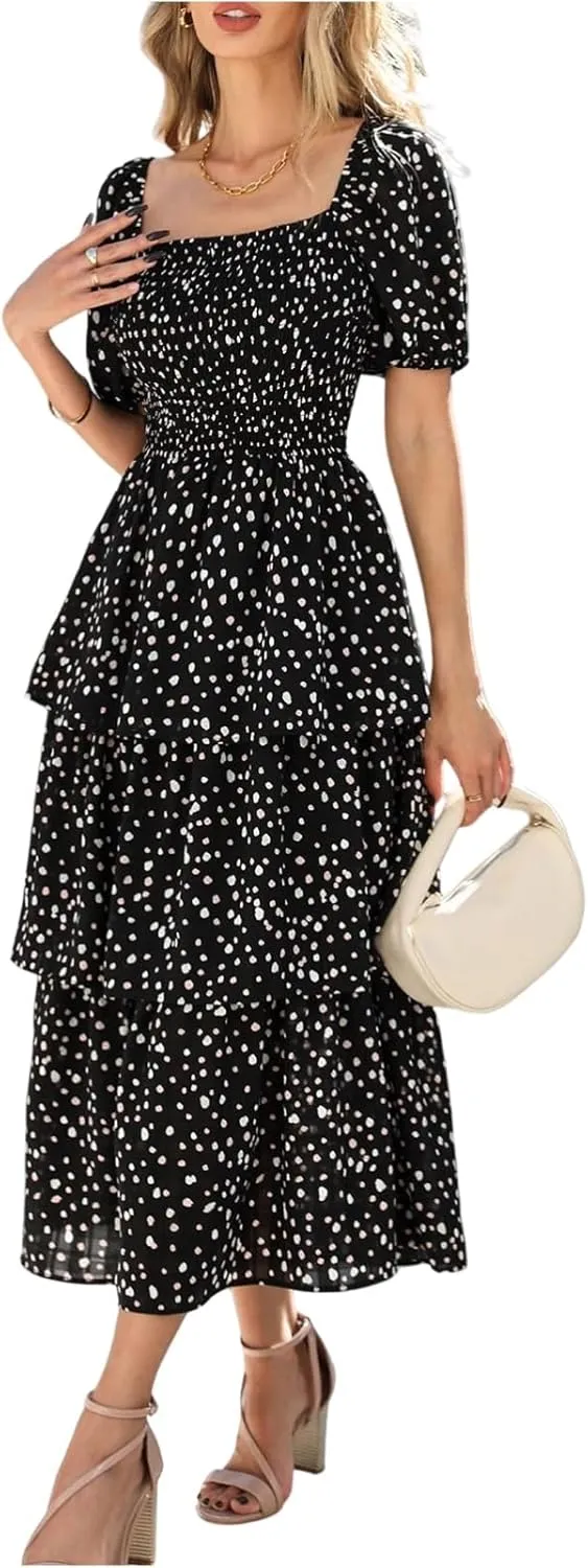 Floral Dress for Women Summer Square Neck Smocked Dress Elegant Ruffle Tiered Maxi Wedding Guest Dresses