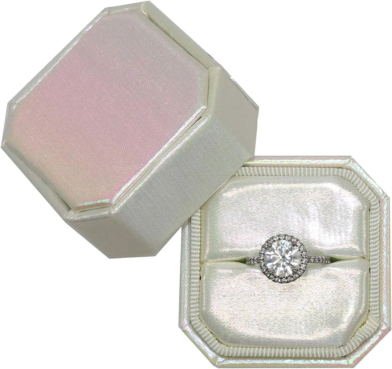Flowers & Bliss Premium Luxury Ring Box (White Iridescent, Single Bevel)