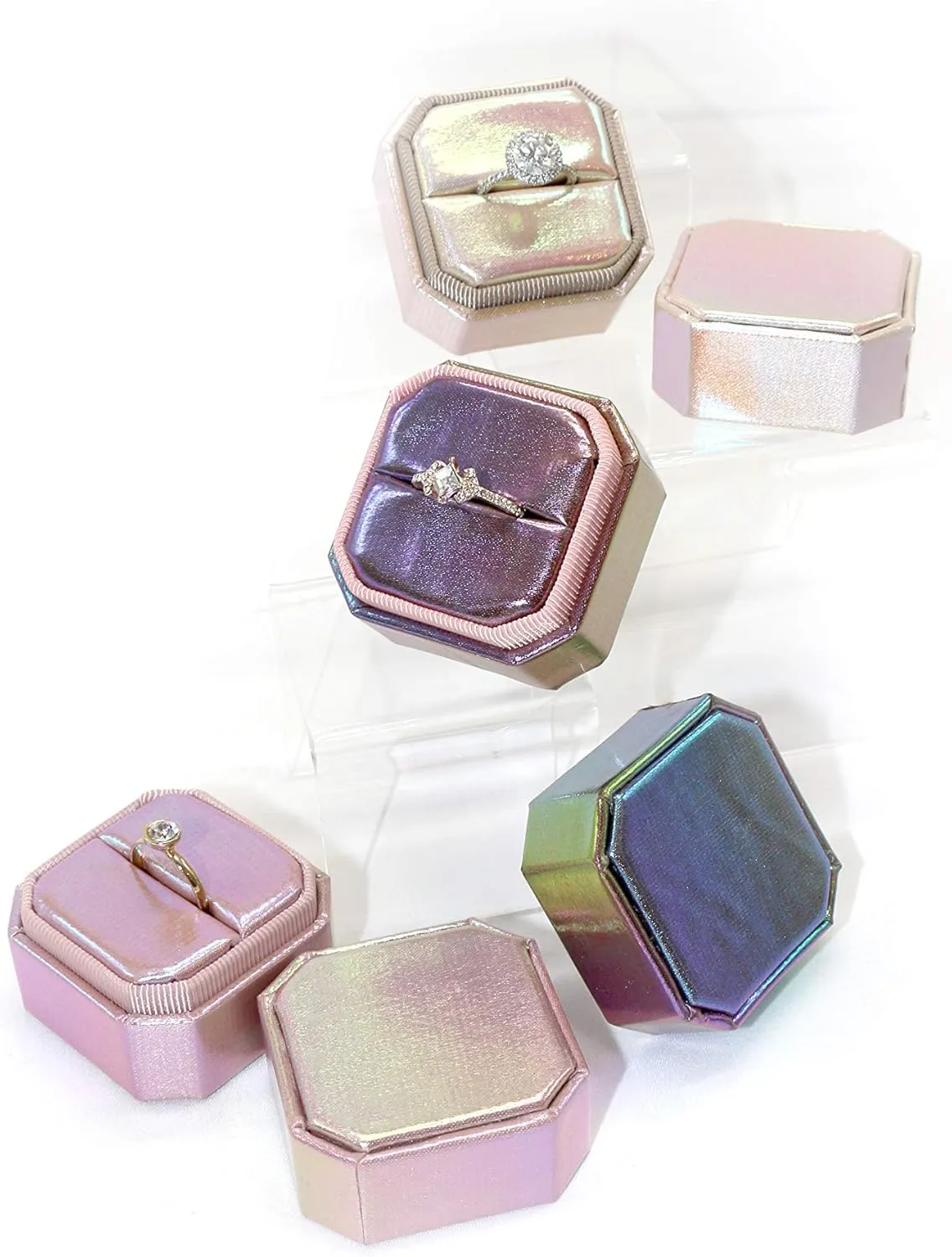 Flowers & Bliss Premium Luxury Ring Box (White Iridescent, Single Bevel)