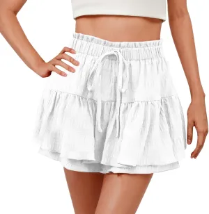 Flowy Shorts for Women Casual Boho Ruffle Tiered Skorts High Waisted Ruffle Tennis Skirts Drawstring Summer Skirt