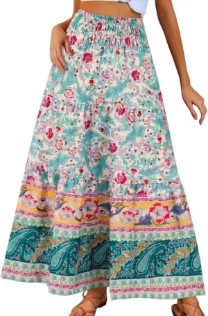 Flowy Skirts for Women Boho Summer Casual Floral Maxi Skirt Cute Tiered Vacation High Waisted A Line Long Skirts Trendy
