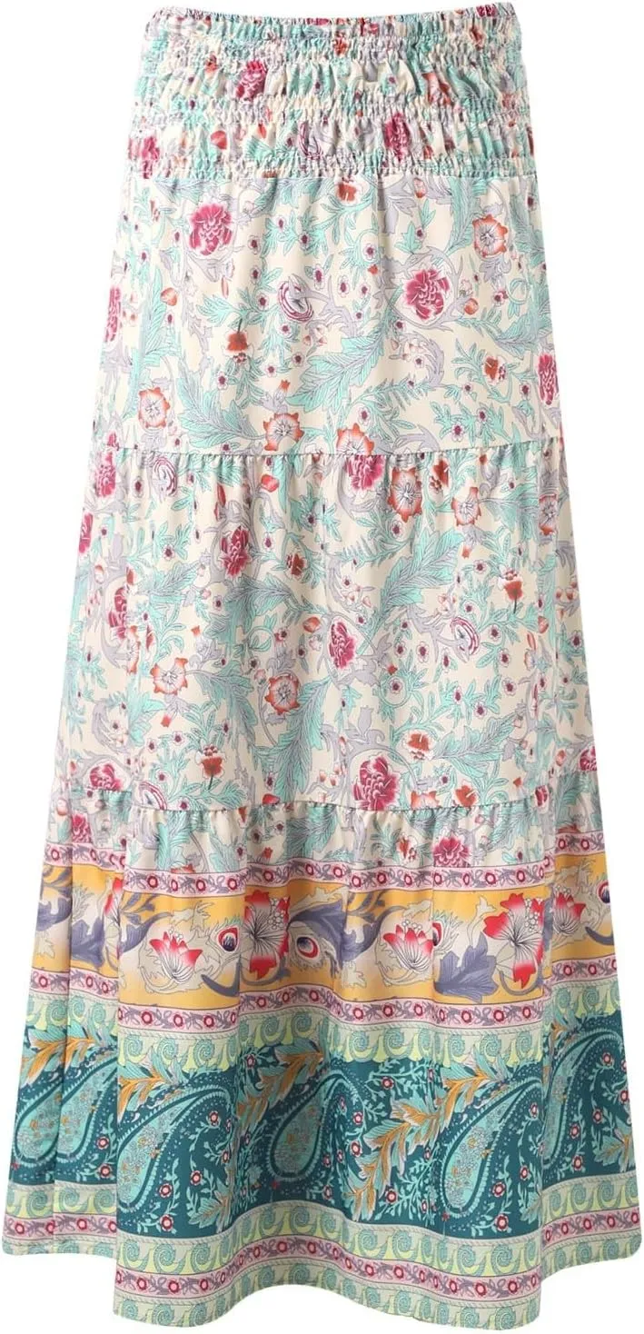 Flowy Skirts for Women Boho Summer Casual Floral Maxi Skirt Cute Tiered Vacation High Waisted A Line Long Skirts Trendy