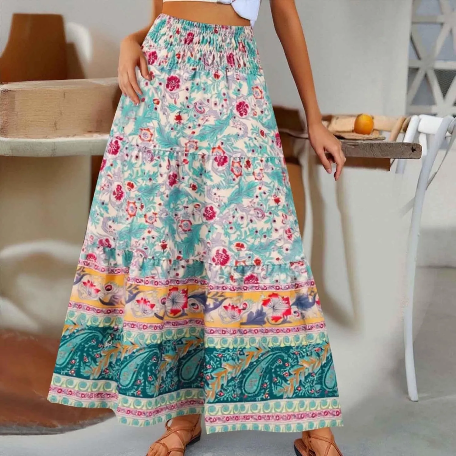 Flowy Skirts for Women Boho Summer Casual Floral Maxi Skirt Cute Tiered Vacation High Waisted A Line Long Skirts Trendy