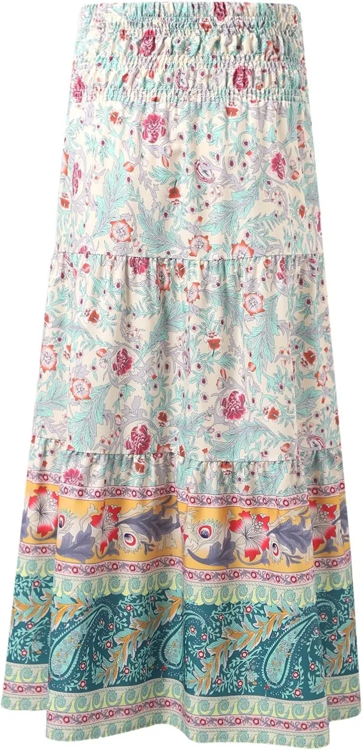 Flowy Skirts for Women Boho Summer Casual Floral Maxi Skirt Cute Tiered Vacation High Waisted A Line Long Skirts Trendy
