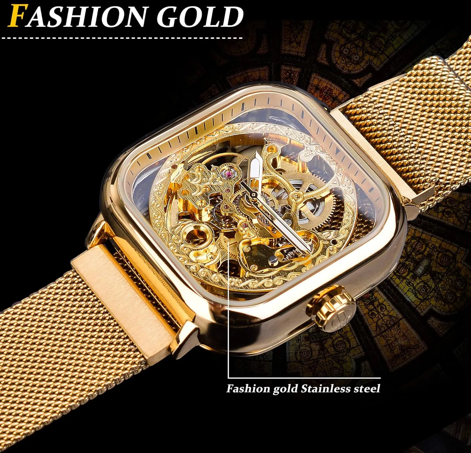 FORSINING Automatic Watches Mechanical Wrist Watch Golden for Mens Skeleton Watches with Stainless Steel Transparent Dial with Royal Flower Movement Carving