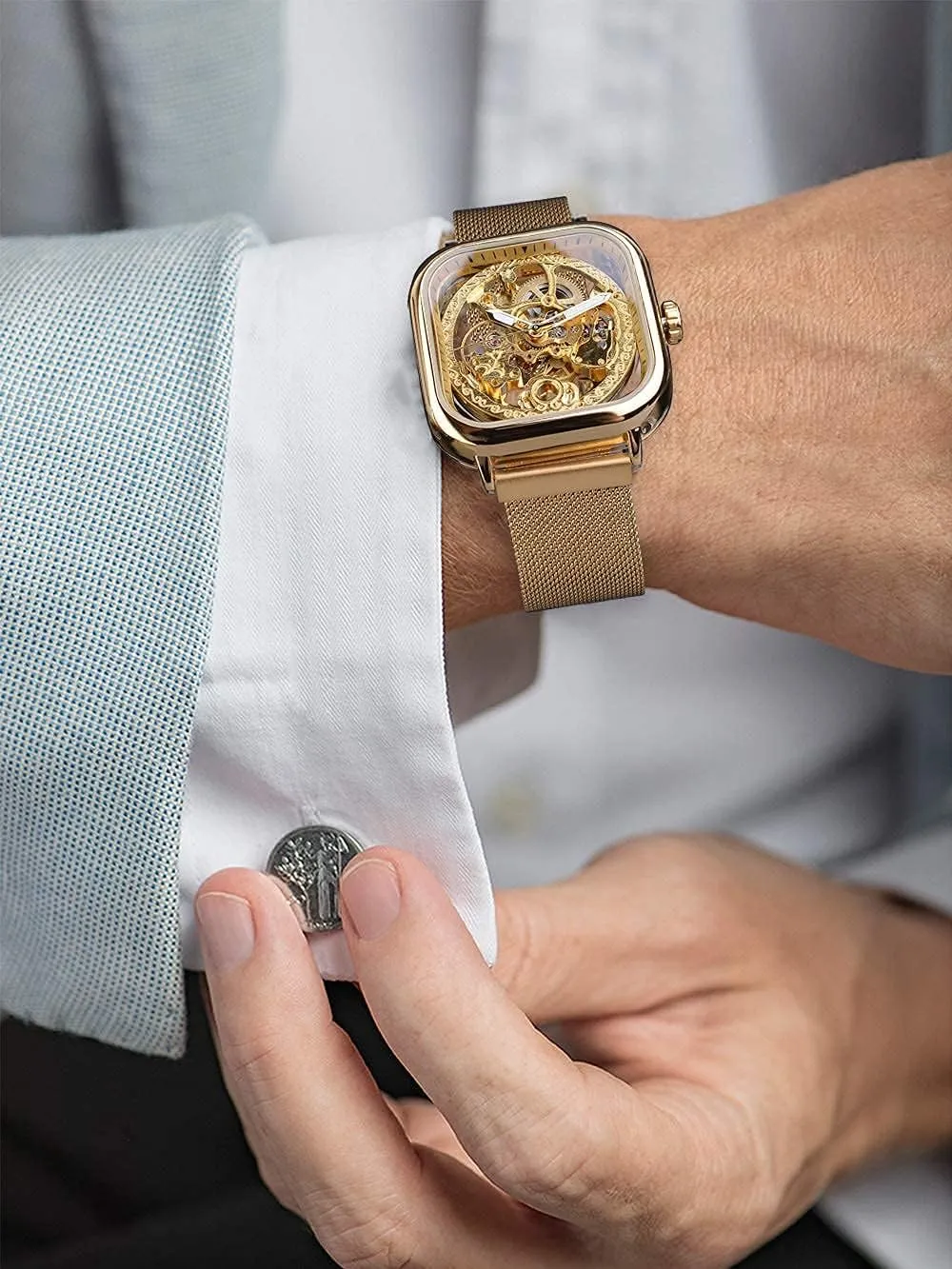 FORSINING Automatic Watches Mechanical Wrist Watch Golden for Mens Skeleton Watches with Stainless Steel Transparent Dial with Royal Flower Movement Carving