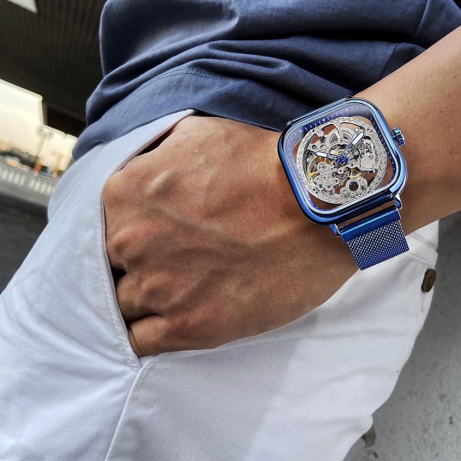 FORSINING Automatic Watches Mechanical Wrist Watch Golden for Mens Skeleton Watches with Stainless Steel Transparent Dial with Royal Flower Movement Carving
