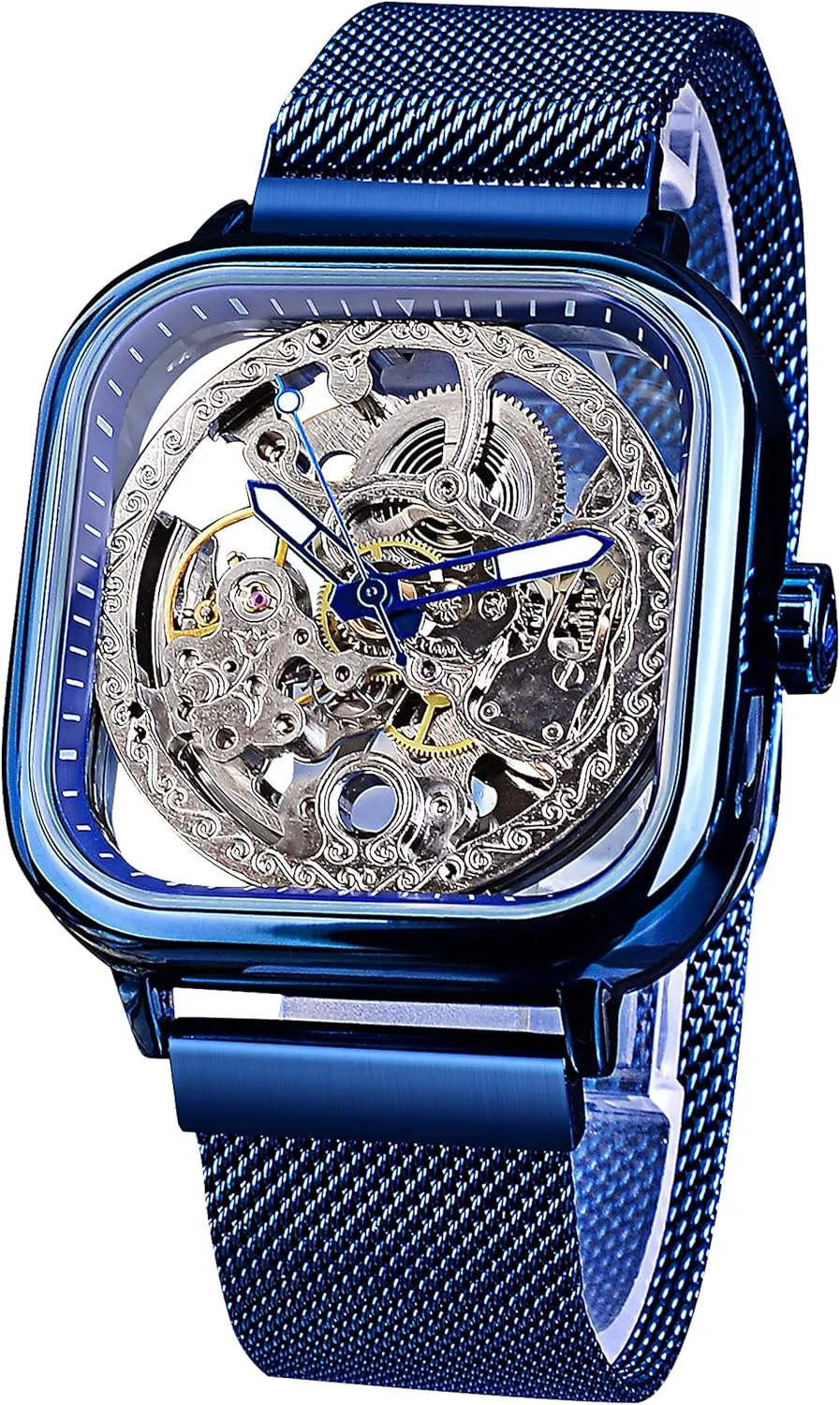 FORSINING Automatic Watches Mechanical Wrist Watch Golden for Mens Skeleton Watches with Stainless Steel Transparent Dial with Royal Flower Movement Carving