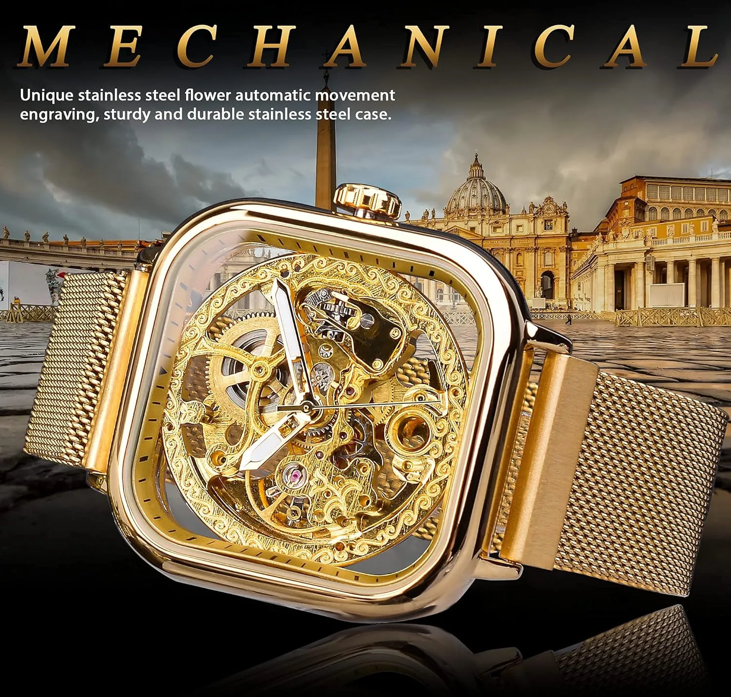 FORSINING Automatic Watches Mechanical Wrist Watch Golden for Mens Skeleton Watches with Stainless Steel Transparent Dial with Royal Flower Movement Carving