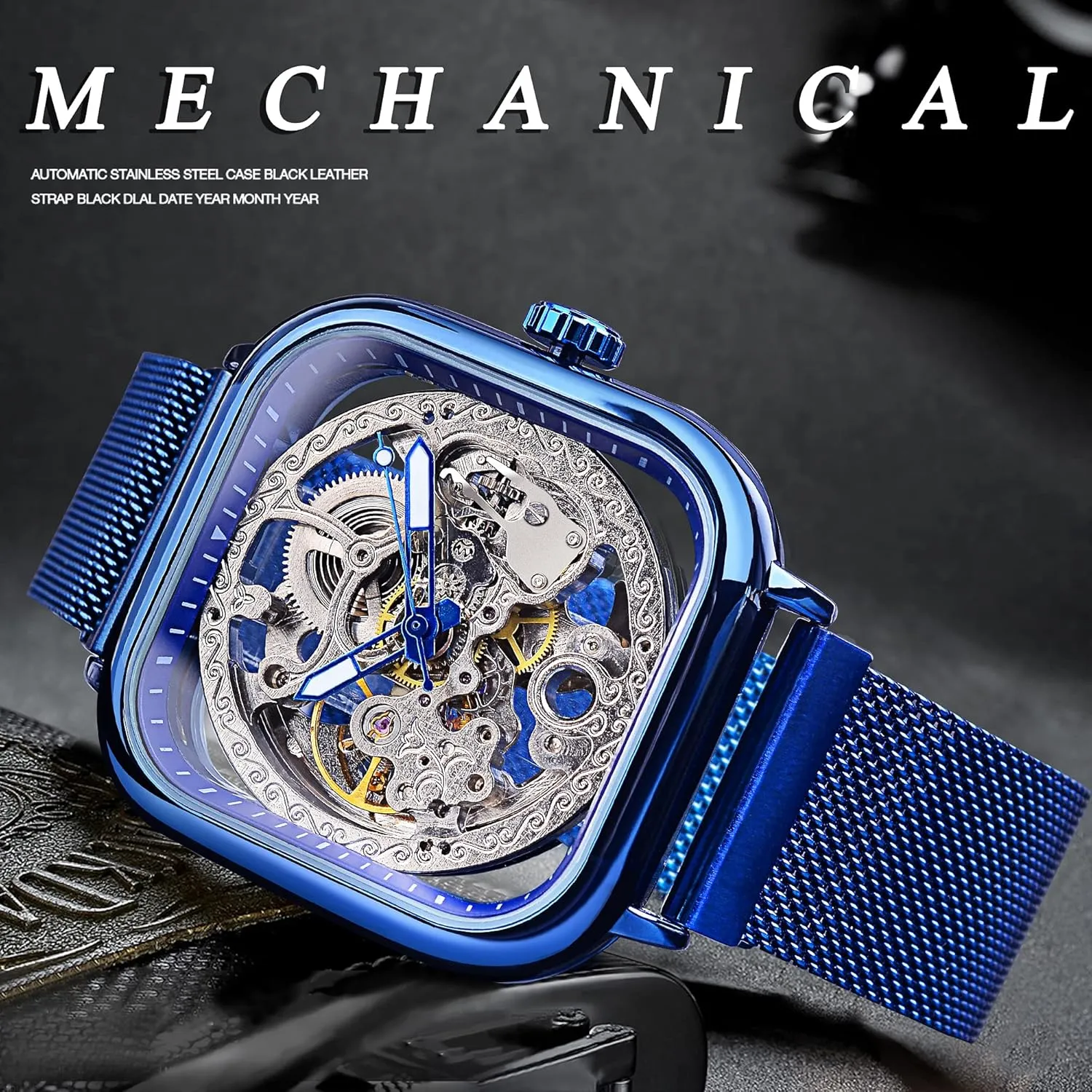 FORSINING Automatic Watches Mechanical Wrist Watch Golden for Mens Skeleton Watches with Stainless Steel Transparent Dial with Royal Flower Movement Carving