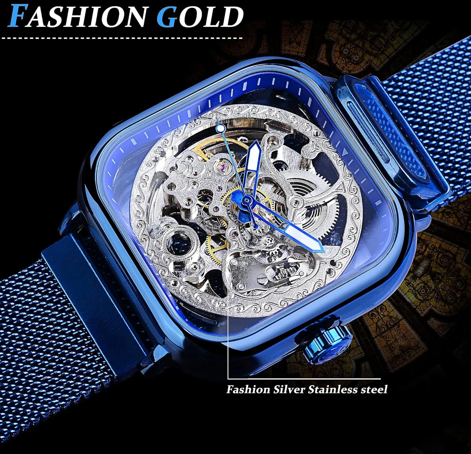 FORSINING Automatic Watches Mechanical Wrist Watch Golden for Mens Skeleton Watches with Stainless Steel Transparent Dial with Royal Flower Movement Carving