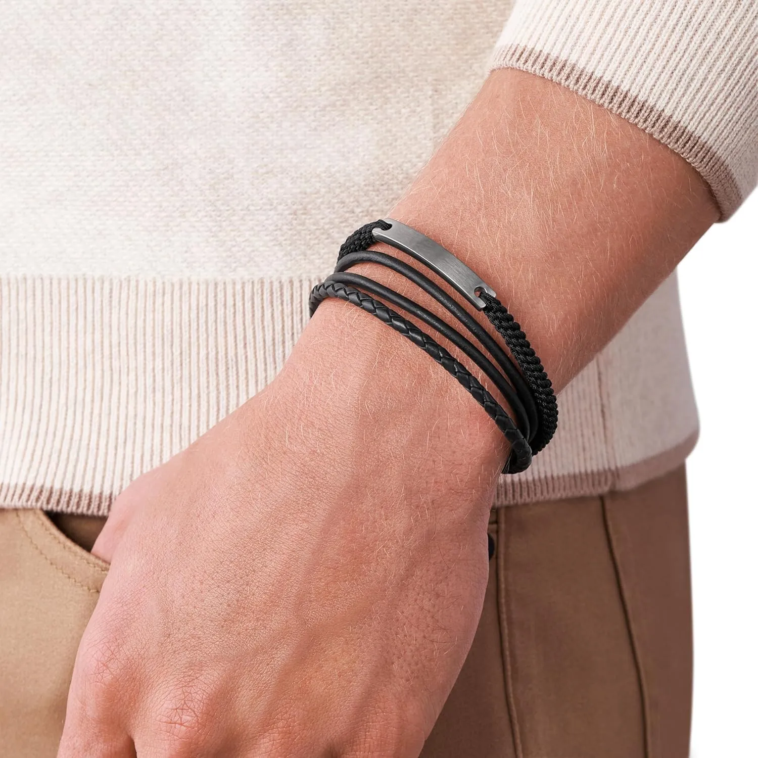 Fossil Men's Plated Stainless Steel Engravable Personalized Gift ID, Chain or Cuff Bracelet for Men