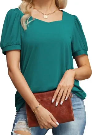 FREEOAK Womens Summer Casual Square Neck Tops Puff Short Sleeve T Shirts for Women Loose Fit Blouses Tunics