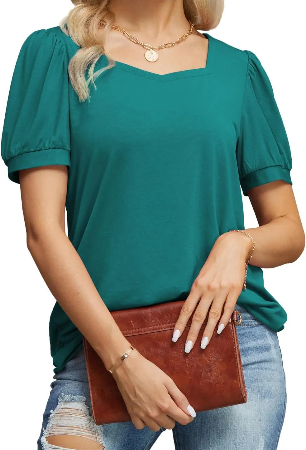 FREEOAK Womens Summer Casual Square Neck Tops Puff Short Sleeve T Shirts for Women Loose Fit Blouses Tunics