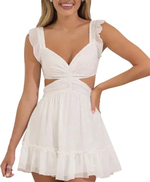 FULA-bao Women Y2k Going Out Dress Spaghetti Strap Low Cut Ruffle Mini Dresses Fairy A Line Short Dress Party Clubwear