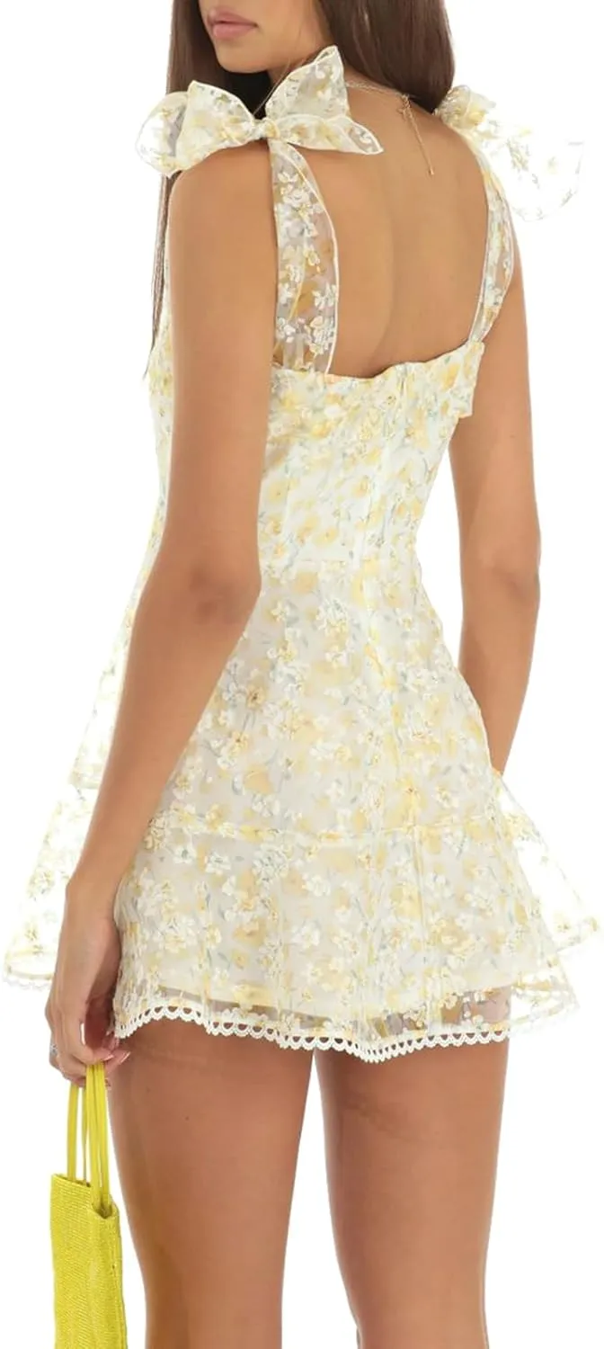 FULA-bao Women Y2k Going Out Dress Spaghetti Strap Low Cut Ruffle Mini Dresses Fairy A Line Short Dress Party Clubwear