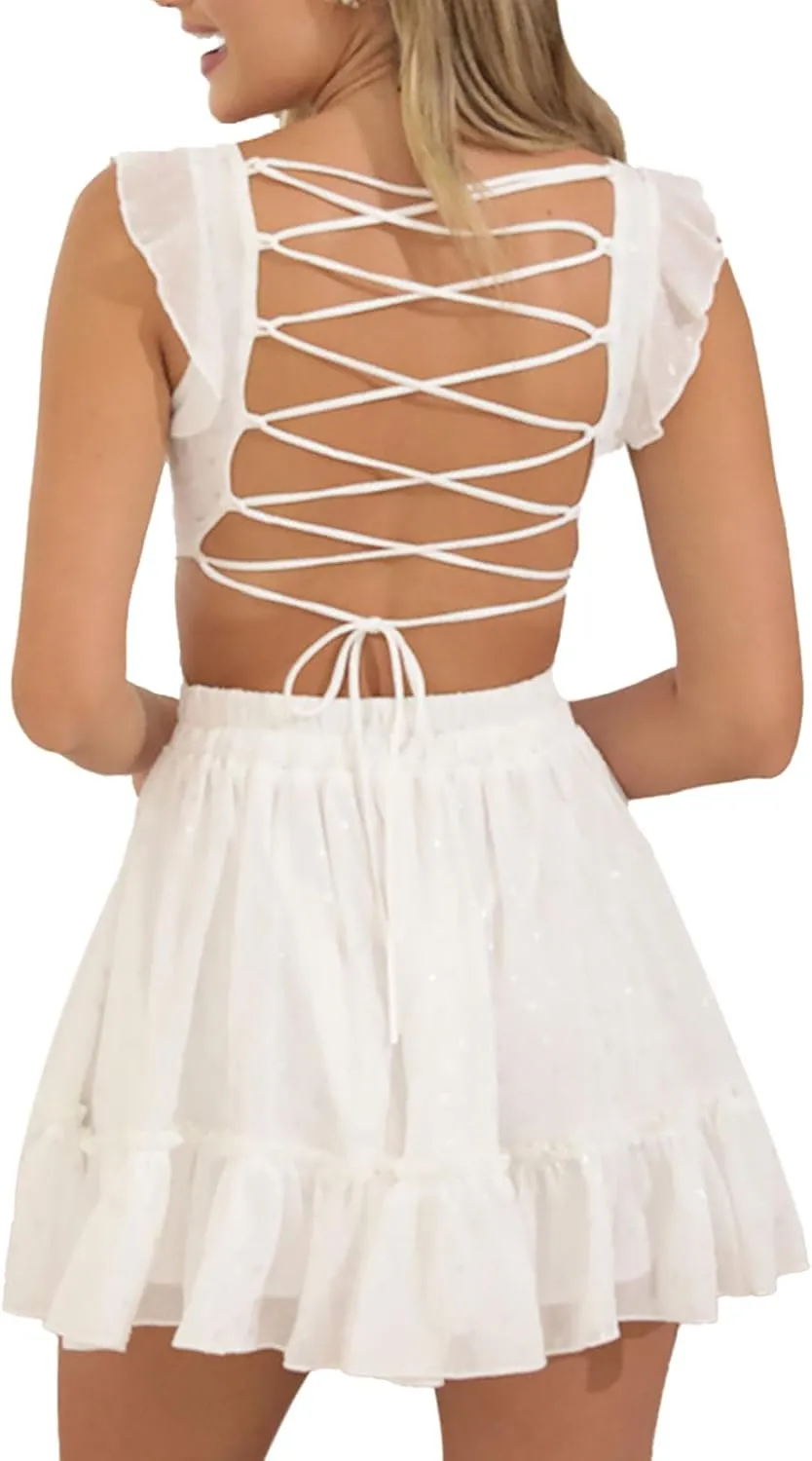 FULA-bao Women Y2k Going Out Dress Spaghetti Strap Low Cut Ruffle Mini Dresses Fairy A Line Short Dress Party Clubwear