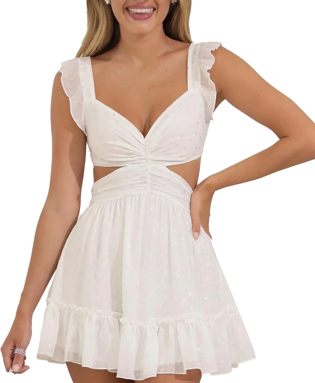 FULA-bao Women Y2k Going Out Dress Spaghetti Strap Low Cut Ruffle Mini Dresses Fairy A Line Short Dress Party Clubwear