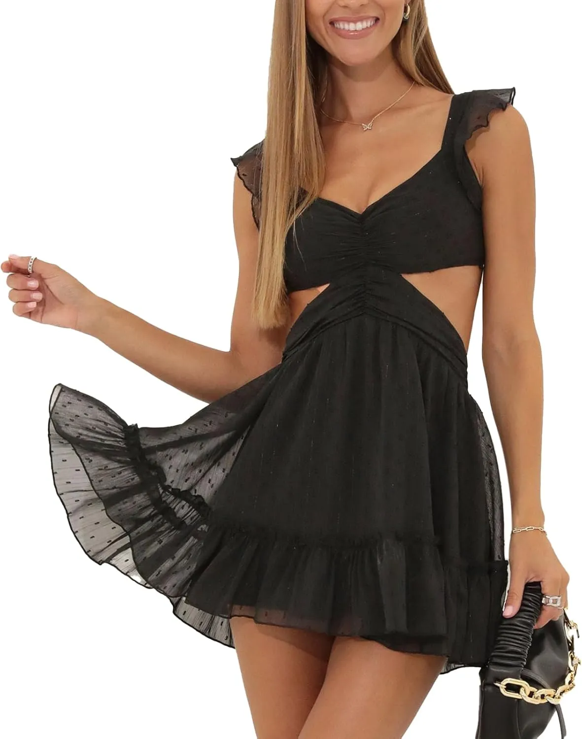 FULA-bao Women Y2k Going Out Dress Spaghetti Strap Low Cut Ruffle Mini Dresses Fairy A Line Short Dress Party Clubwear