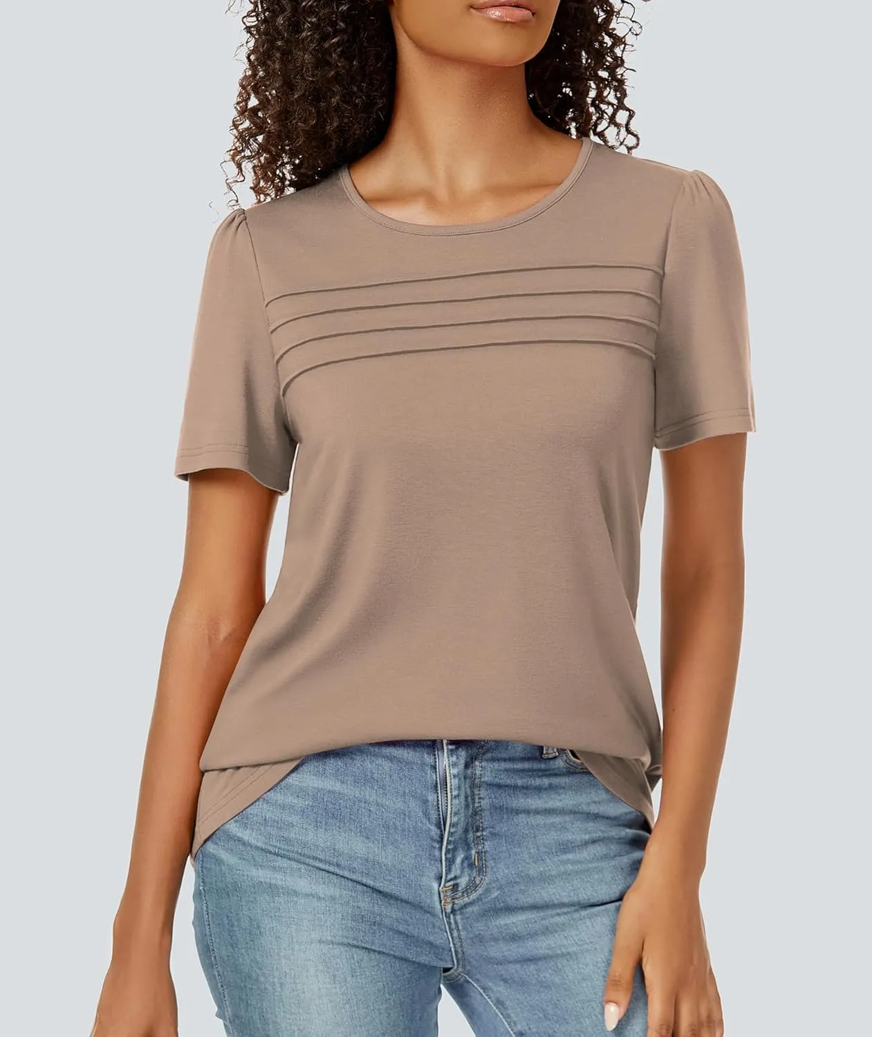 Funlingo Womens Tops Short Sleeve T Shirts 2025 Trendy Dressy Casual Summer Crewneck Spring Blouse Loose Pleated Front