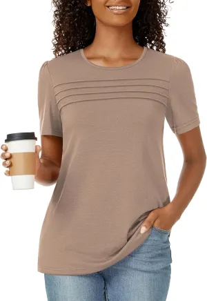 Funlingo Womens Tops Short Sleeve T Shirts 2025 Trendy Dressy Casual Summer Crewneck Spring Blouse Loose Pleated Front