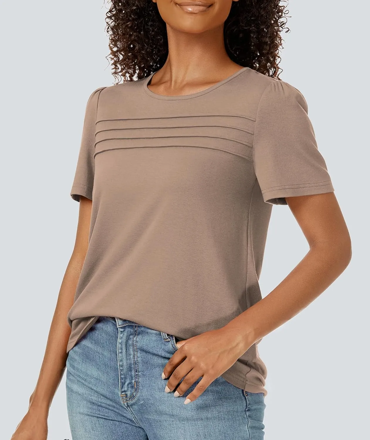 Funlingo Womens Tops Short Sleeve T Shirts 2025 Trendy Dressy Casual Summer Crewneck Spring Blouse Loose Pleated Front