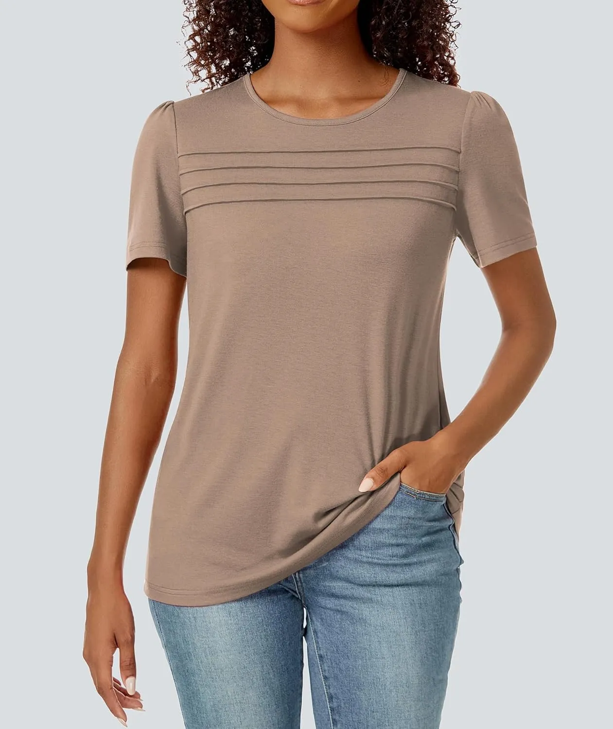 Funlingo Womens Tops Short Sleeve T Shirts 2025 Trendy Dressy Casual Summer Crewneck Spring Blouse Loose Pleated Front
