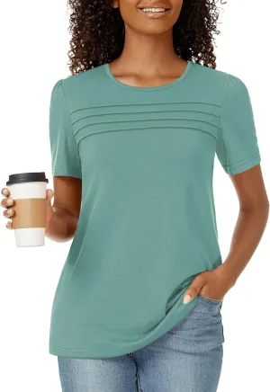 Funlingo Womens Tops Short Sleeve T Shirts 2025 Trendy Dressy Casual Summer Crewneck Spring Blouse Loose Pleated Front