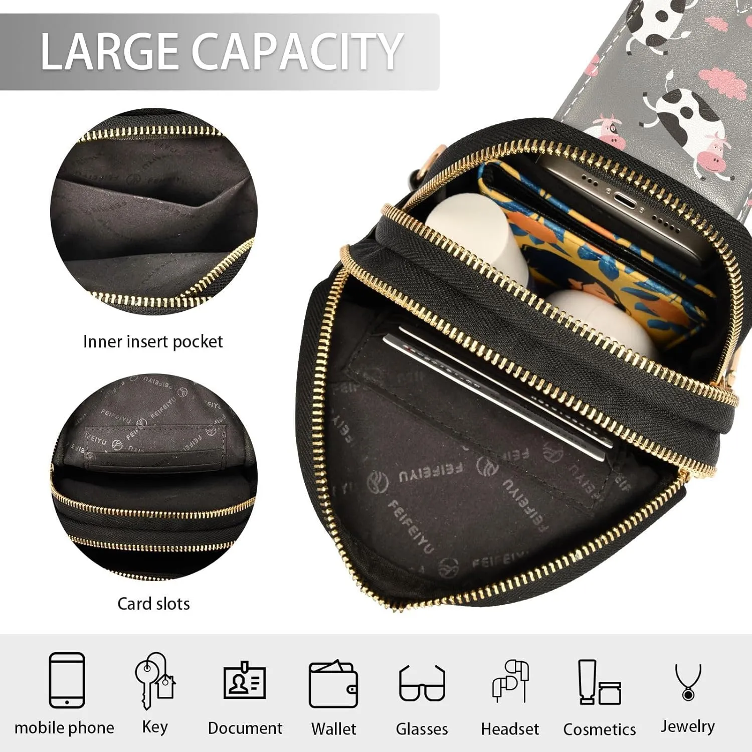 Funny Cow Vector Cartoon Trendy Crossbody Bag Fashion Waist Packs Cross Body Leather Chest Bag for Women Fanny Pack Travel Outdoor Crossbody Sling Bag