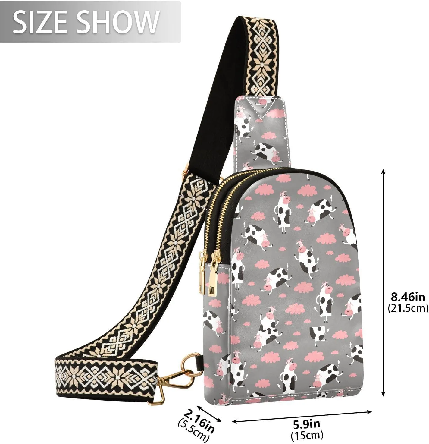 Funny Cow Vector Cartoon Trendy Crossbody Bag Fashion Waist Packs Cross Body Leather Chest Bag for Women Fanny Pack Travel Outdoor Crossbody Sling Bag