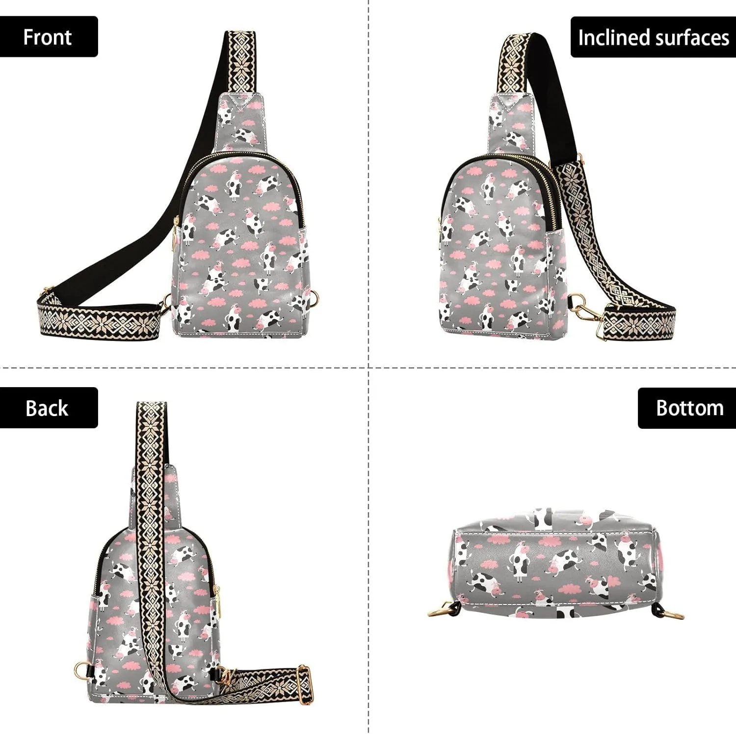 Funny Cow Vector Cartoon Trendy Crossbody Bag Fashion Waist Packs Cross Body Leather Chest Bag for Women Fanny Pack Travel Outdoor Crossbody Sling Bag