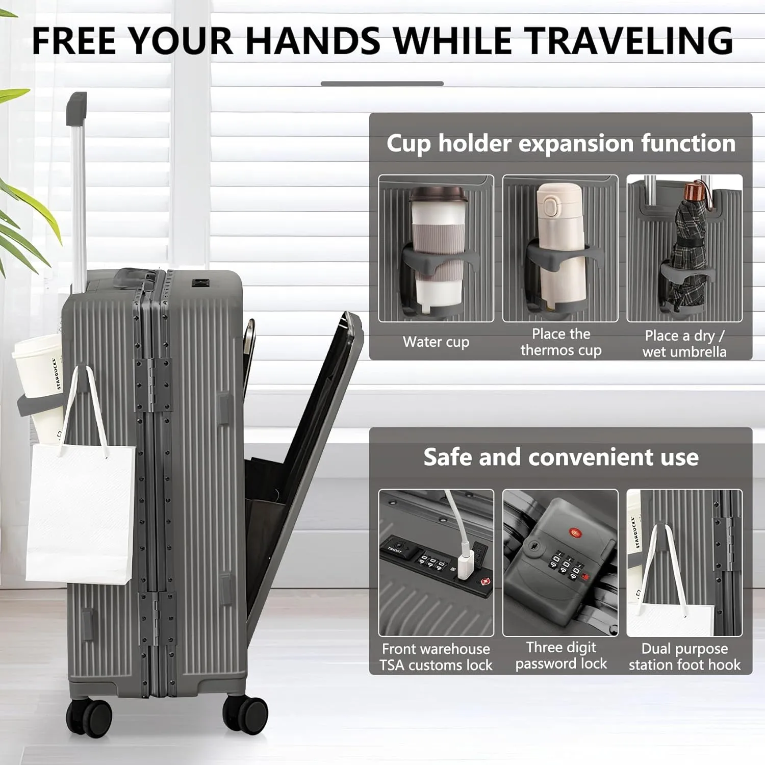 Gets Travel Carry On Luggage with Cup Holder and Usb Port, Aluminum Frame Suitcase, 22x14x9 Airline Approved Carry On Suitcase, Front Compartment, TSA Lock, Spinner Wheels (Dark Grey, 20 inch)