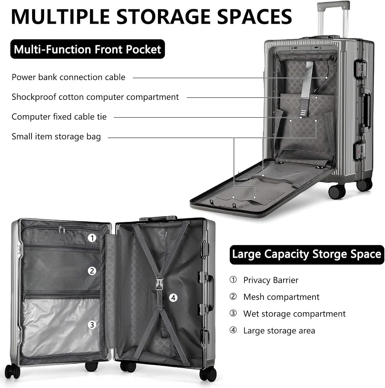 Gets Travel Carry On Luggage with Cup Holder and Usb Port, Aluminum Frame Suitcase, 22x14x9 Airline Approved Carry On Suitcase, Front Compartment, TSA Lock, Spinner Wheels (Dark Grey, 20 inch)