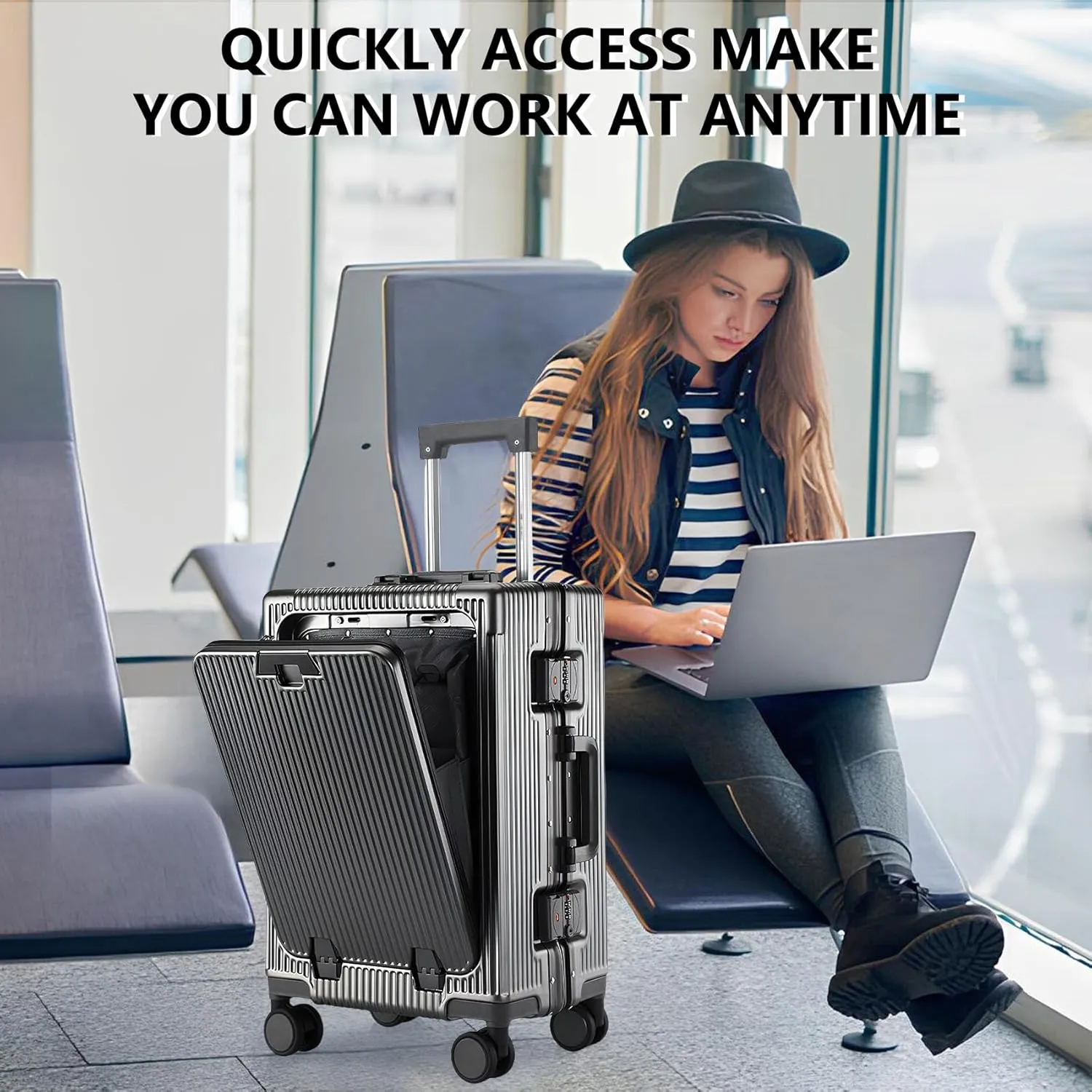 Gets Travel Carry On Luggage with Cup Holder and Usb Port, Aluminum Frame Suitcase, 22x14x9 Airline Approved Carry On Suitcase, Front Compartment, TSA Lock, Spinner Wheels (Dark Grey, 20 inch)
