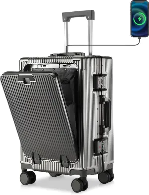 Gets Travel Carry On Luggage with Cup Holder and Usb Port, Aluminum Frame Suitcase, 22x14x9 Airline Approved Carry On Suitcase, Front Compartment, TSA Lock, Spinner Wheels (Dark Grey, 20 inch)